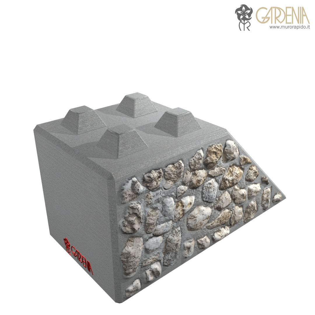 Blocco a taglio obliquo in calcestruzzo e pietra Blocco di cemento con pietra a faccia vista.
 Blocco a taglio obliquo in calcestruzzo e pietra Blocco di cemento con pietra a faccia vista.